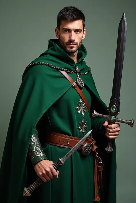 A man in a green medieval cloak , 30 years old,  short black hair,  without a beard ,  holds in his right hand a black sword with a black blade and a head shaped like a skull, in his left hand, a short dagger with emeralds on the handle , 