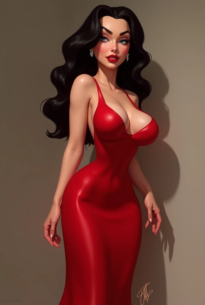 Créez une image réaliste de Jessica Rabbit ronde avec un peu de ventre et des cuisses, sensuelle dans sa robe rouge  et magnifique 