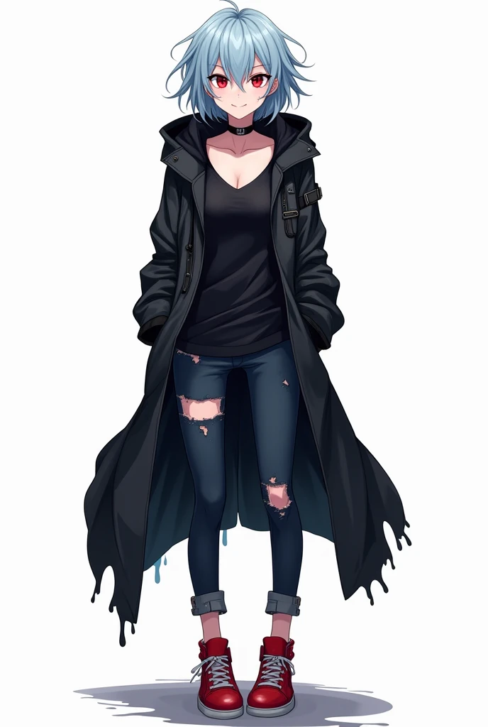 Teenage anime woman has messy light blue medium length hair and large and expressive reddish color and demon smile and with a black hood attached to a long torn black coat and dark V-neck t-shirt with dark-colored tight pants and red sneakers that stand ou...