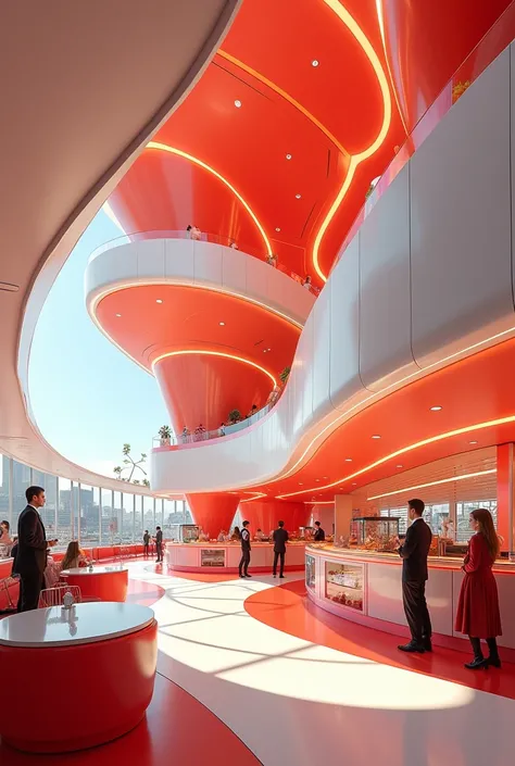 Create me a rendering of a place of a fast food floor in a cone where the color theme is red, orange and white