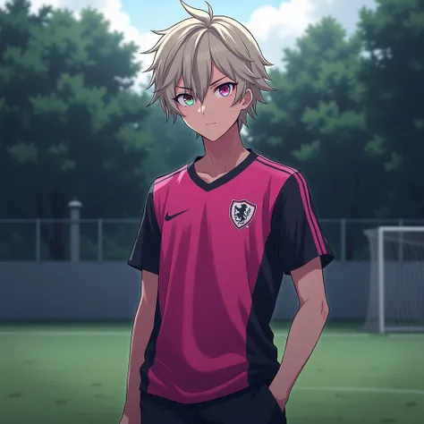 Nagi Seichirou, anime boy, teen, mature,  pink and black soccer uniform , light hair,  multicolored eyes , soccer camp, fullbody, Dark aura