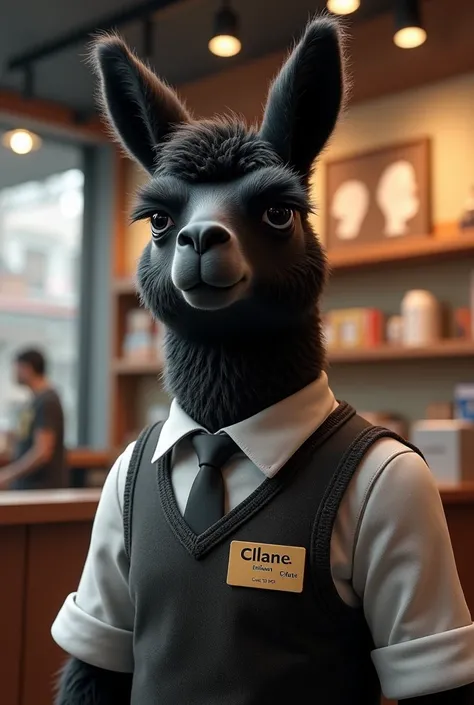 Black Llama dressed as retail worker 3d effect hyper realistic 