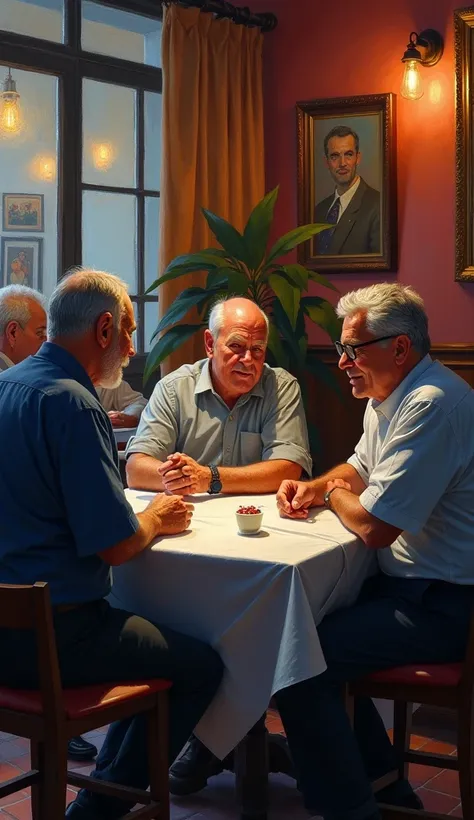 3 50-year-old men talking in a restaurant with dramatic light,  A better quality masterpiece  , premium quality  ,Very colorful and detailed image  .  Oil paint. 