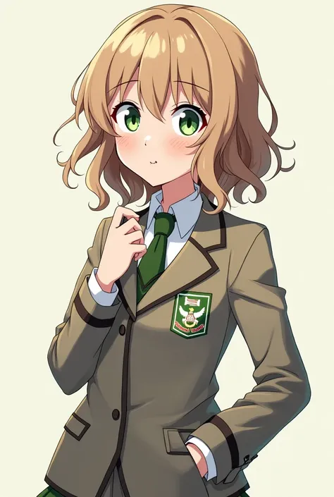 An anime character from My Hero Academia wearing the UA uniform, a girl with wavy light brown hair and green eyes. 