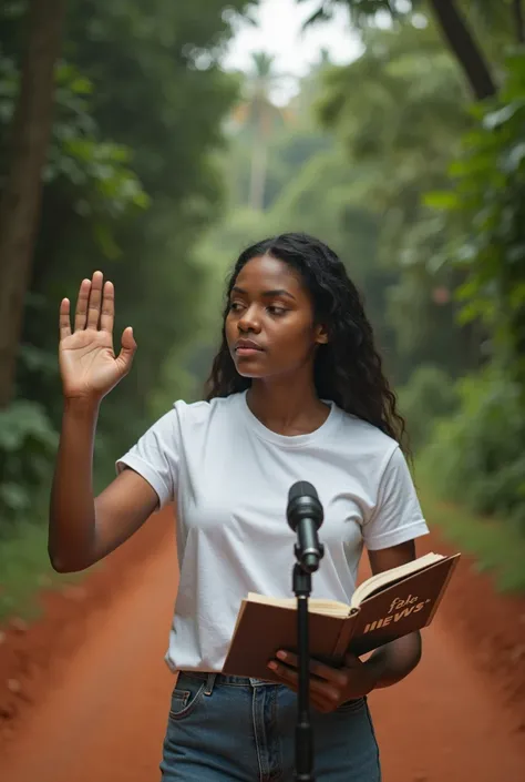 Panoramic image A name with a white t-shirt reading a diary that says fake News ,  raising her hand to stop a microphone that says world on a red dirt road in the middle of the missionary jungle 