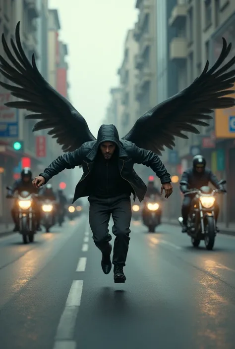 A normal thief wearing a mask fleeing with wings and four policemen behind on motorcycles 