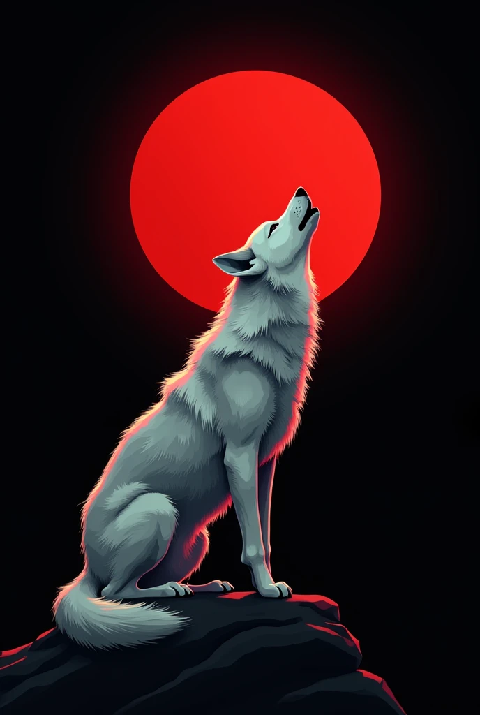 1 symbol, black background, motoclub logo, ((redmoon in background)), a single female wolf howling to the moon in perfil, ((white wolf)), ((motoclub logo))