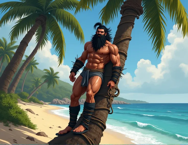 man,  Black hair, big beard, muscular,  gray underwear , Ninja style tied hair ,  tanned skin , Chest hair , 190 cm tall,  hairy feet ,  hairy arms ,  ninja style sandals ,  tied to a palm tree,  fondo playa