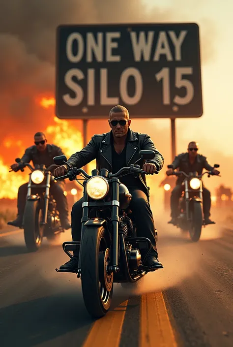  5 Bikers with Harley fleeing at high speed with shotguns in hand on a burning road , with a large sign behind that says  "one way  , sylo 15 "