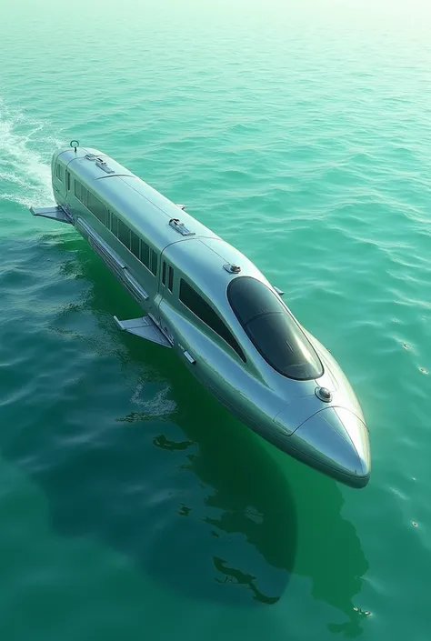 A futuristic train floating in an ocean painted green