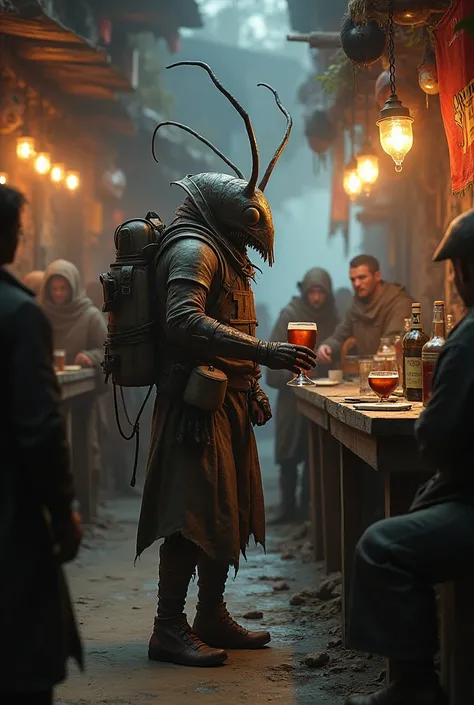 A Hivers buying grog in a Kenshi ,  tavern while remaining faithful to the armor and clothing characteristic of the Kenshi video game world