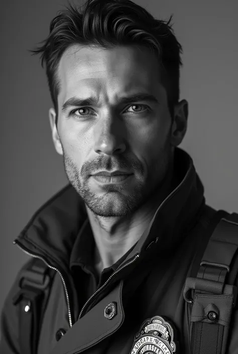 Black and white photograph of a male firefighter , with a slight smile 