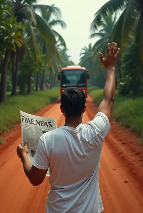 Panoramic image of a name in a white t-shirt reading a newspaper that says fake news, raising his hand to stop a bus that says MISIONES on a red dirt road in the middle of the Misiones jungle