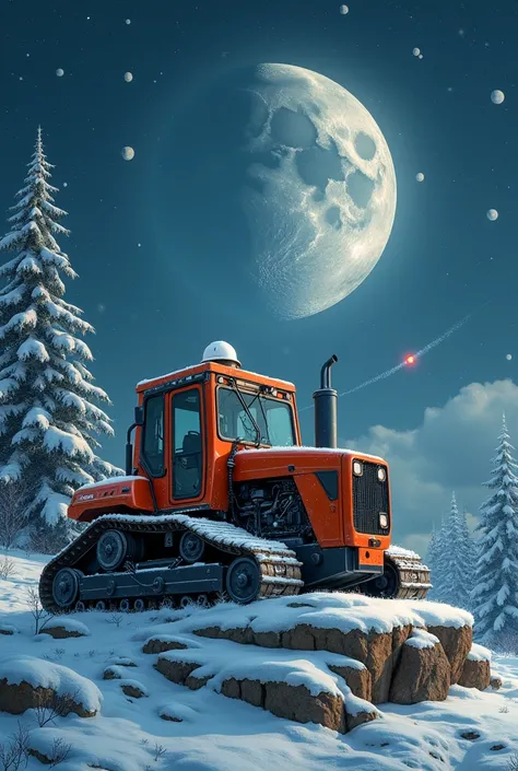 A CHRISTMAS CARD THAT THIS IS A CATERPILLAR TRACTOR THE MIDDLE MOON THIS SANTA CLOUS THERE IS SNOW AT THE BOTTOM ON A ROCK PUT ON A WHITE ENGINEERING HELMET WITHOUT LETTERS ALSO THAT A COMET IS PASSING BY AND YOU CAN SEE THE PLANET SATURN THE TRACTOR IS A ...