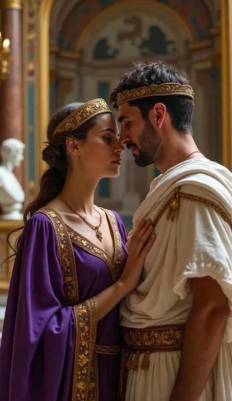 1.	Prompt 1: A lavish Roman palace interior, adorned with ornate frescoes and golden accents. Agrippina the Younger, wearing a richly embroidered stola with a royal purple palla, leans close to Emperor Claudius as she whispers in his ear. Her expression is...