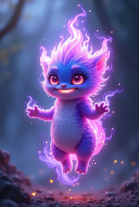 Purple and blue creature made of fire with a smile