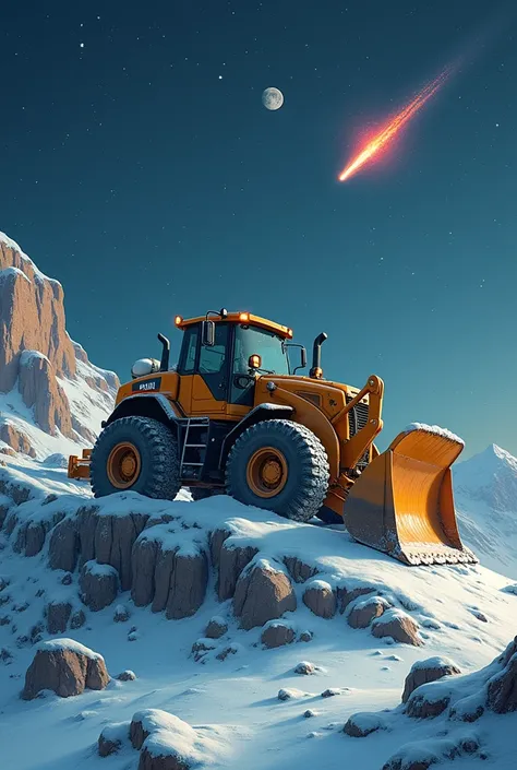 A CHRISTMAS CARD THAT THIS IS A CATERPILLAR TRACTOR THE MIDDLE MOON THIS SANTA CLOUS THERE IS SNOW AT THE BOTTOM ON A ROCK PUT ON A WHITE ENGINEERING HELMET WITHOUT LETTERS ALSO THAT A COMET IS PASSING BY AND YOU CAN SEE THE PLANET SATURN THE TRACTOR IS A ...