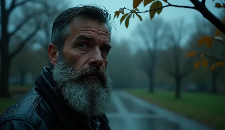  The man is close to the camera ,  looking directly at the horizon ,  with a thick, gray beard captured in stunning detail . Your clothes, drenched in rain ,  present vivid textures . In the background,  a park with trees and cloudy night skies remains blu...