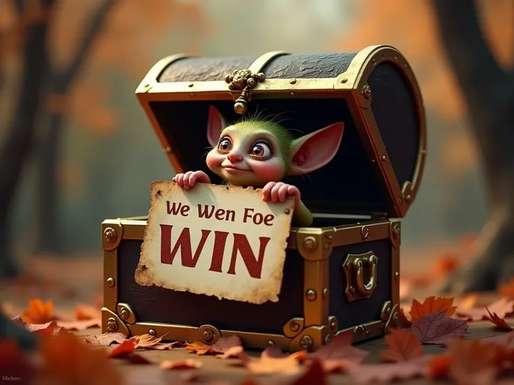  Autumn is a chest with a gold frame open from which the eyes of a little goblin peek out holding a poster with the inscription "you won the chest  " Dark fantasy 