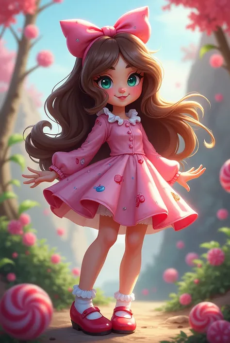  white-skinned LOL character,  with brown hair , long wavy hair,  bow on the head,  light green eyes , pink sleeved dress with candy and lollipops print, stolen shoes and flirtatious white socks, Fondo Rides .