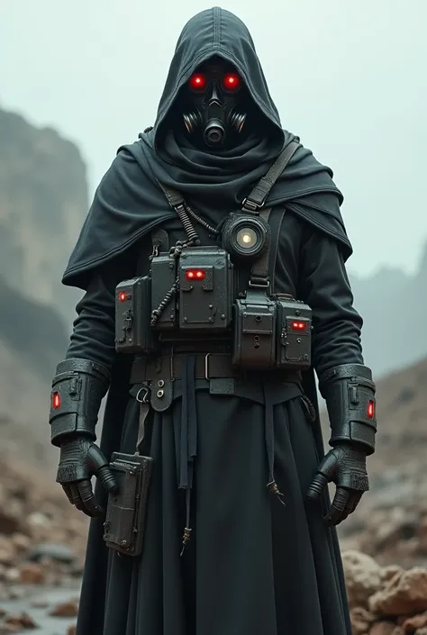 Dark soldier with hood, anti-gas mask and robotic helmet with red eyes 