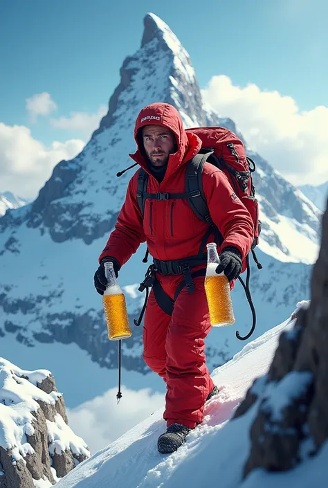 Create the image of a mountaineer dressed all in red who climbs the Matterhorn but has beers instead of his hands