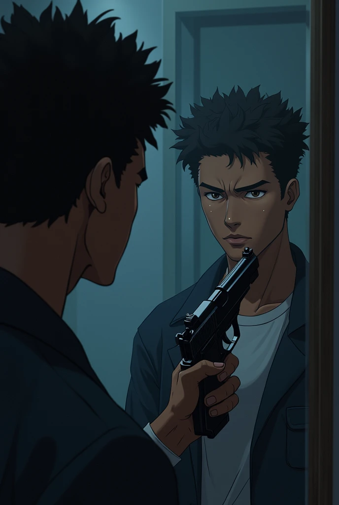 Black man in anime pointing a gun at himself in a mirror 