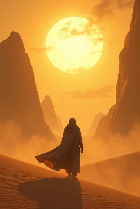 A silhouette of a cloak wearing man travelling In desert, distant, looking at the sky, bright sun, desert environment, tall dunes, sandstorm