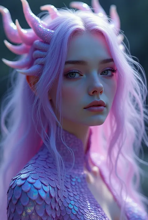  A super realistic image of a lilac-haired girl, a perfect, illuminated face and body ,  with bright purple dragon scales , Shes a dragon girl ,  full body image