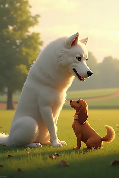 Uma cena de two dogs se encarando em um campo aberto. on one side,  an imposing Maremano shepherd ,  of voluminous white fur ,  with an attentive and protective eye ,  standing on the lawn . on the other side,  a basset-dachshund with a short, golden coat ...