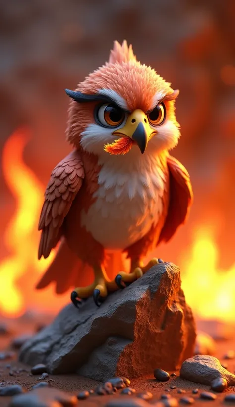 3D cartoon hawk perched on a jagged rock in a fiery inferno, flames dancing around, eyes sharp and alert, wings tucked but ready to spring into action, holding a small fiery feather in its beak.