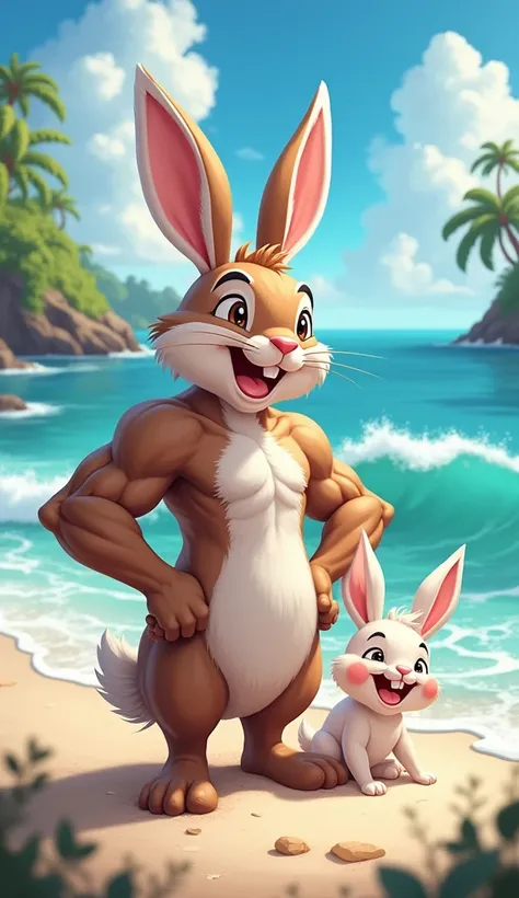  The male muscular rabbit, has a big smile, while the baby Rabbit, beams with happiness. In the background, gentle waves crash against the shore, and lush greenery can be seen under a clear blue sky.