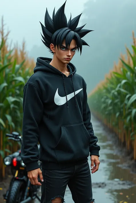 A highly realistic close-up of a handsome anime character Goku Chibi in his Super Saiyan 2 form standing confidently in the rain on a muddy dirt road next to a beautiful black Chibi motorcycle splattered with mud near a farm gate. He has the features of a ...