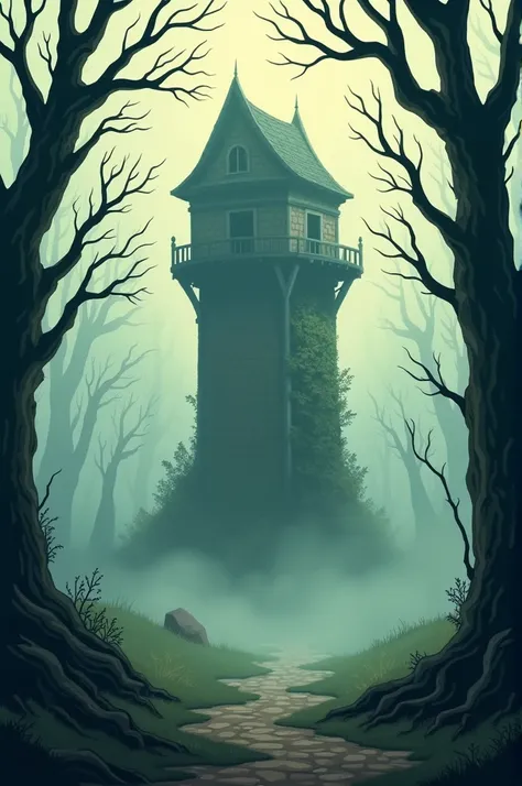 A 2D cartoon stile picture of a high, wared down tower in the middle of a scary forest cowered in fog