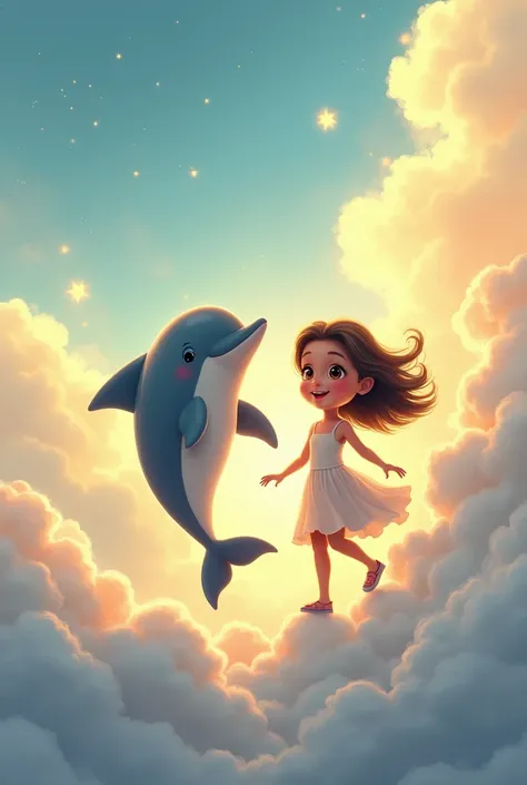 A dolphin and a cute girl walking in the clouds