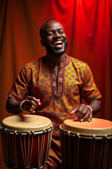 A joyful drummer is mid-performance, wearing a patterned traditional African shirt in warm tones. He passionately plays two wooden drums under dramatic warm lighting, with a deep red, textured background that conveys energy and celebration.