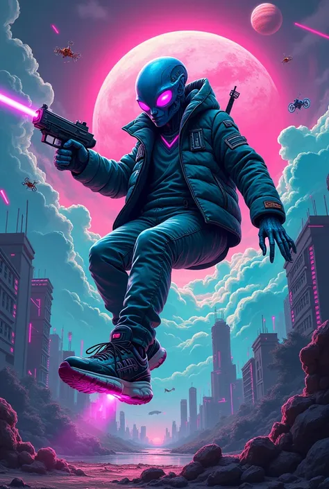 2D Print Description for PsycheLab:

 General Concept :  } A print that mixes cyberpunk aesthetics with psychedelia ,  representing an alien in a chaotic futuristic setting .  The art is designed to convey movement and intensity ,  with details that captur...