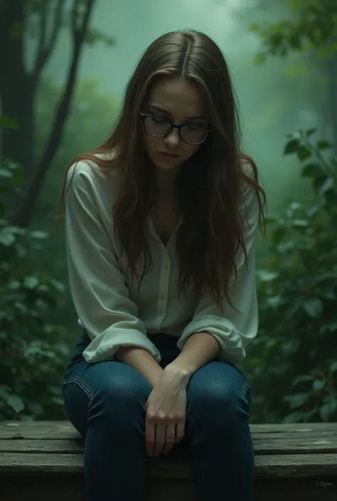 A sad girl, in a forest,  sitting on a bench , grieving with grief . Long light brown hair and glasses.