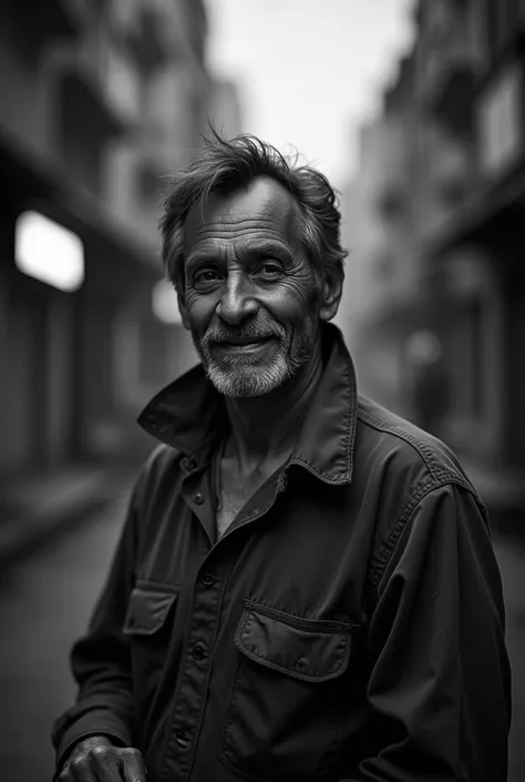 Black and white photograph of a man, street sweeper  , With a slight smile 