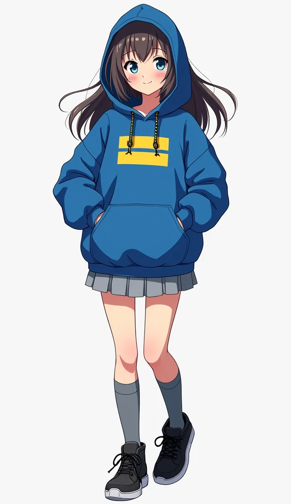 Teenage anime woman wears an intense blue sweater ,  with full front closure Includes an adjustable hood with laces the yellow logo  
"COLEGIO EMPRENDER OSORNO ",  distributed in three lines and aligned horizontally and has a gray skirt with a pleated desi...