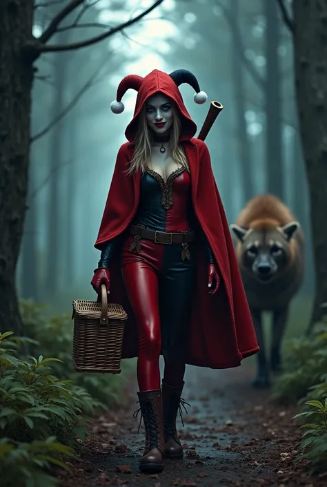 a densely wooded area of the black forests of Thuringia in Germany.  we see Harley Quinn dressed as Red Riding Hood is walking along a path. Carrying a traditional picnic basket in one hand. Slung over her shoulder is a baseball bat. eyes alert. sly smile....