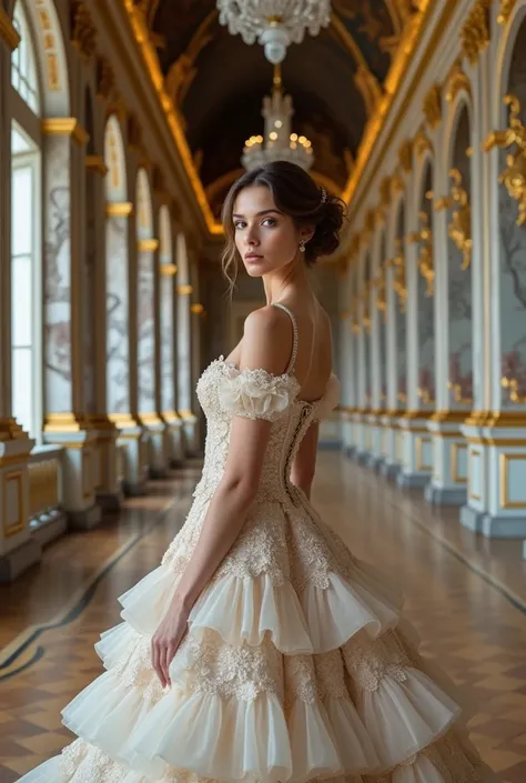 Photo d&#39;a beautiful woman in an elegant dress at the Palace of Versailles, France.