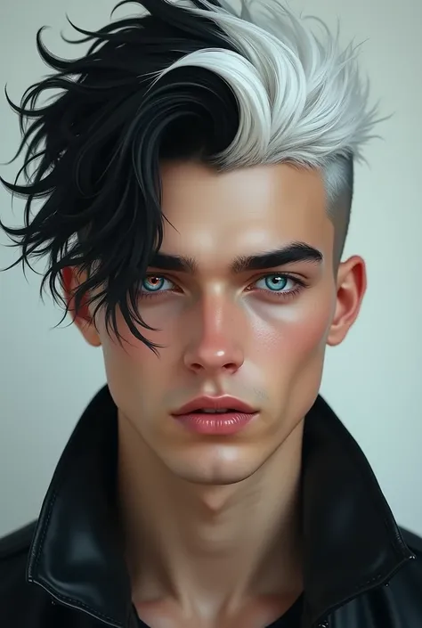 Handsome young white ,  with bicolor black and white hair, with masculine Greek features, with one dark red eye and another light blue. 