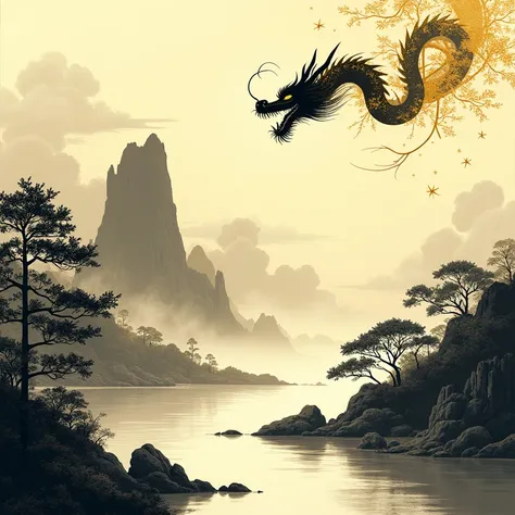 Create a scene in the style of a Chinese ink painting. The scene should depict some trees and bamboo along some of the bottom and near the sides, some mountains coming out of the sea, clouds in the sky, and a dragon flying across the upper third of the ima...