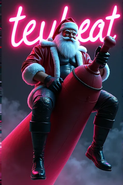 Sexy Santa Claus dressed in latex riding a giant dildo and text tagged TeuBeat 