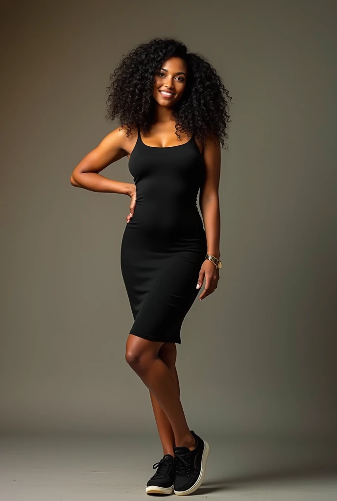 Woman 38 years old curly hair voluminous black tight dress with sneakers 