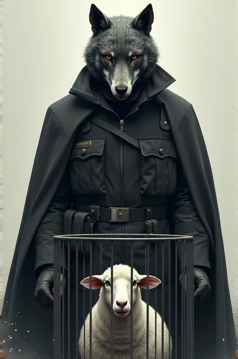 A soldier in a wolf mask .  in front of a sexy sheep in a cage