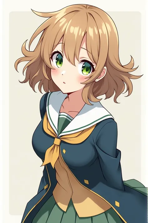 An anime character from My Hero Academia wearing the UA uniform, a girl with wavy light brown hair and green eyes. 