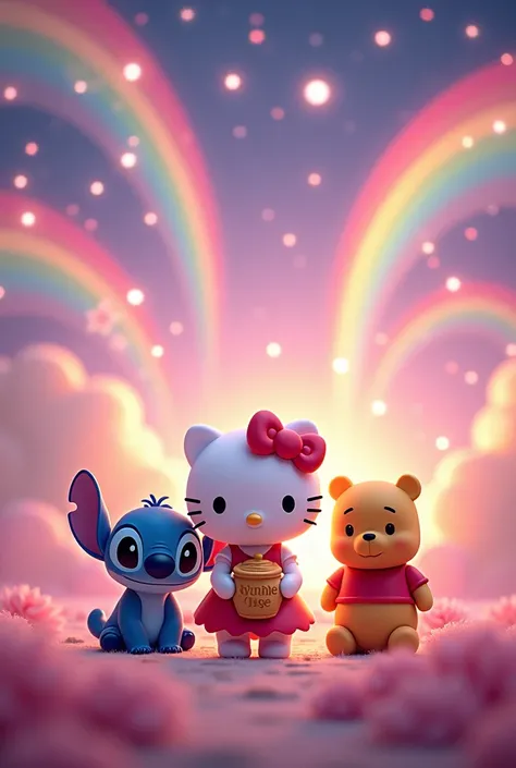  Create a fantastic image of Hello Kitty, Stitch e o Urso Pooh ,with a background of stars and rainbows  .Hello Kitty no meio , wonderful pink background.
