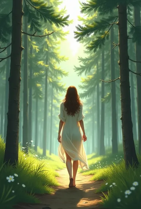 A woman walking in the pine forest where phytoncides come out